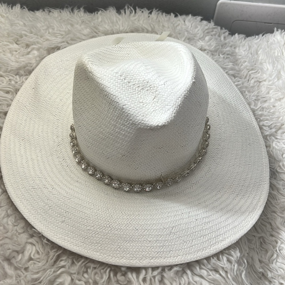 White Straw Fedora with Crystal Chain Band